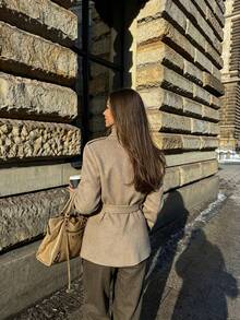 Women Fall Winter Elegant Casual Belted Long Sleeve Jacket For Office Work Daily Going Out Vacation - Light Grey - View 4