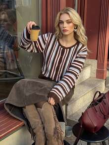 Women Autumn Vertical Striped Knit Cardigan Round Neck Single‑Button Short Fitted Jacket Back To School Festival Daily Tops - Brown - View 9
