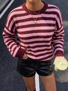 Women's Autumn/Winter Striped Round Neck Long Sleeve Knit Sweater Contrast Color Pullover Top - Burgundy - View 2