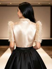 Modern Filipino Style Butterfly Sleeve Elegant Stand Collar Patchwork Minimalist Solid Color Top - Champagne - View 2