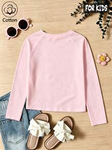 Girls Cotton Raglan Long Sleeve T-Shirt For Fall Winter, Cartoon Birthday Theme With Number 12 And Cake Print, Cute Sweet Schoolgirl Style - Baby Pink - View 3
