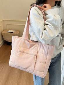 Simple Solid Color Quilted Multi Pocket Tote Bag, Lightweight And Practical Large Capacity Shoulder Bag, Suitable For Commuting To Work, School Class - Baby Pink - View 13