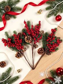 1/3/40pcs Artificial Red Berry Pine Branches, Faux Plants, Suitable For Christmas Decor, Home Decor, Wedding Decor, Tabletop Centerpiece, Back To School Season And Gifts For Girls - Red+Green 5 - View 2