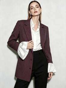 Women's Vertical Striped Blazer Jacket, Satin Bell Sleeve Design, Commuter Professional Small Suit Jacket, Spring/Autumn Thin Outerwear - Burgundy - View 3