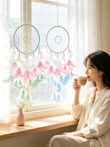 1pc Girls Dream Catcher, Butterfly Center, Pink And White Mixed Feathers And Transparent Beads, Bedroom Pink Decoration, With Decorative Box And White Raffia - Multicolor - View 8