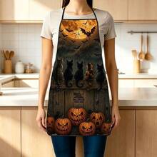 1pc Halloween Cats & Bats Print Apron, Featuring Full Moon, Cats Sitting On Wooden Fence, And Spider Web Pattern, Durable Cooking Apron Suitable For Bakers, Cake Decorators, Pet Groomers, Painters, Nail Artists - Personalized Gift For Home And Professional Chefs - Multicolor - View 12
