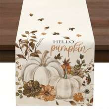 1pc Autumn Hello Pumpkin Watercolor White Pumpkin Floral Print Table Runner - Polyester Stiff Fabric, Rectangular, Ideal For Holiday Dining And Outdoor Parties, Suitable For Home Dining Room, Restaurant, Kitchen Supplies, Party Table Decor - Light Yellow - View 1