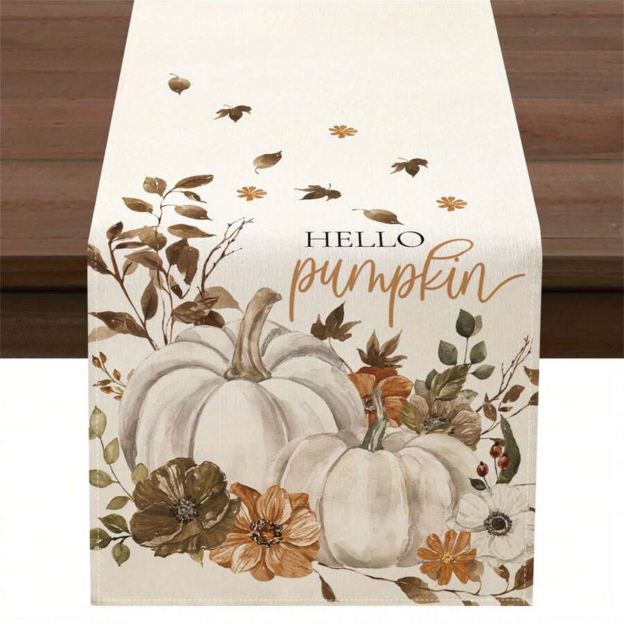 1pc Autumn Hello Pumpkin Watercolor White Pumpkin Floral Print Table Runner - Polyester Stiff Fabric, Rectangular, Ideal For Holiday Dining And Outdoor Parties, Suitable For Home Dining Room, Restaurant, Kitchen Supplies, Party Table Decor - Light Yellow - View 1