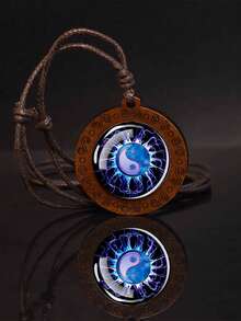1PC Yin Yang Symbol Wooden Pendant Necklace, Adjustable Rope Chain Amulet Jewelry For Men Spiritual Party Daily Wear - Brown - View 7