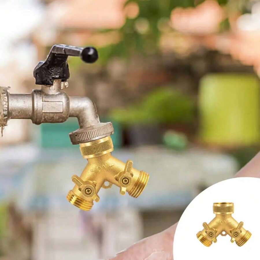 花園水管Y型分流閥 黃銅管接頭附實心黃銅手柄，黃銅Y型水管適配器，2路Y型分流閥 3/4"螺紋