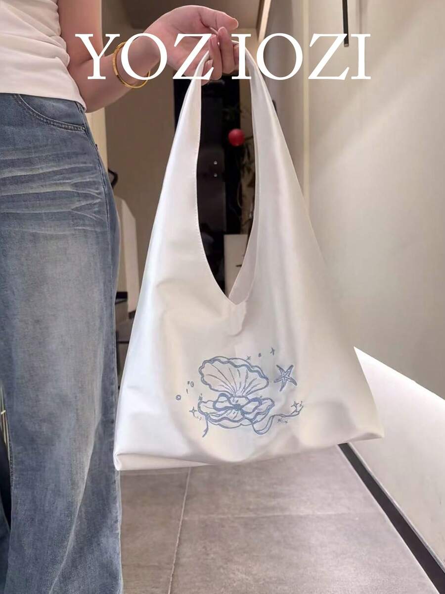 新款中式小眾設計 INS 風刺繡貝殼緞面帆布托特包 女款韓系大容量休閒百搭通勤逛街日常購物腋下單肩包 - 白色 - 查看 1