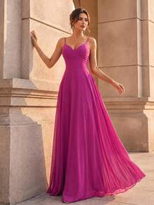 Smilprince Women's Fuchsia Spaghetti Strap Maxi Dress, Ruched Bust Sleeveless Flowy A Line Evening Gown, Summer Fall Wedding Guest Prom Party Formal Dress - Hot Pink - View 1