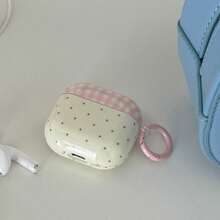 Polka Dot & Pink Plaid With Ring Earphone Case Compatible With AirPods Case 2/3/4/5/Pro/Pro2/Pro3, Shockproof Earphone Case, Gift, Fashion Accessory, Combining Aesthetics And Practicality - Off White - View 4