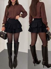 Women's Solid Color Woven Ruched Waist Safety Shorts, Sexy Fashion Casual Mini Skirt - Black - View 4