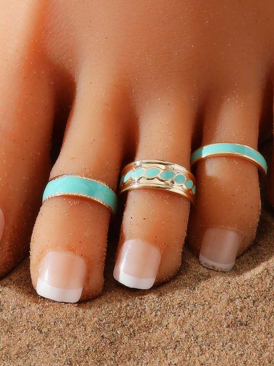 3 piezas/Set Anillos de dedo del pie esmaltados, accesorios de joyería de playa de verano para mujeres - Multicolor - Ver 1