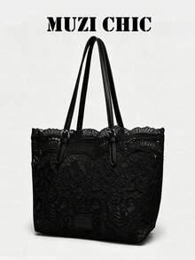 Lace Pattern Decorated Shoulder Tote Bag, Large Capacity Multi-Item Storage, Open Closure, Gentle Atmosphere Tote Bag Suitable For Commuting, Work, School, Shopping, Short Trips, Daily Outings - Black - View 5
