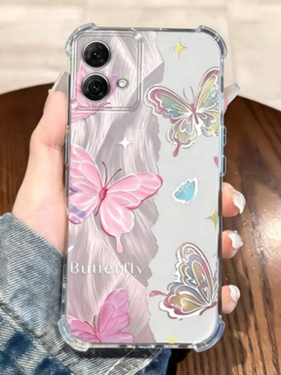 1pc Creative Half-Feather Butterfly Transparent 4-Corner Anti-Drop Raised Screen Design Phone Case Compatible With Apple 17 Pro Max/9 Pro XL/Smart 8/Hot 40i/Spark 20/Spark 20C/Spark Go 2024/Moto G84 Spring Gift Party - Clear - View 1