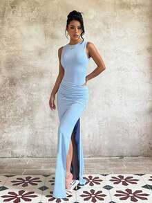 1pc Solid Color Elegant Knitted Fabric Ruffle Hem Dress Beach Summer - Blue - View 3