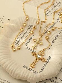 1pc Gold Heart Chain Cross Pendant Necklace, Y-Shaped Layered Cross Jewelry Set - Gold - View 3