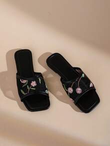French Embroidery Lace Ruffle Square Toe Flat Slide Sandals For Women, Fairy Style - Black - View 4