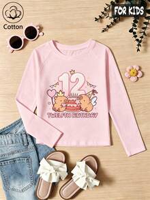 Girls Cotton Raglan Long Sleeve T-Shirt For Fall Winter, Cartoon Birthday Theme With Number 12 And Cake Print, Cute Sweet Schoolgirl Style - Baby Pink - View 1