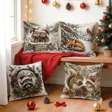 4pcs Winter Forest Animal Christmas Pillow Covers, Snow Rabbit Fox Raccoon Squirrel Print Pattern, Single-Sided Print Pillow Covers/Cushion Covers, Multi-Scene Atmosphere Decoration Pillow Covers Suitable For Living Room Sofa Bedroom, Pillow Insert Not Included - Multicolor - View 1