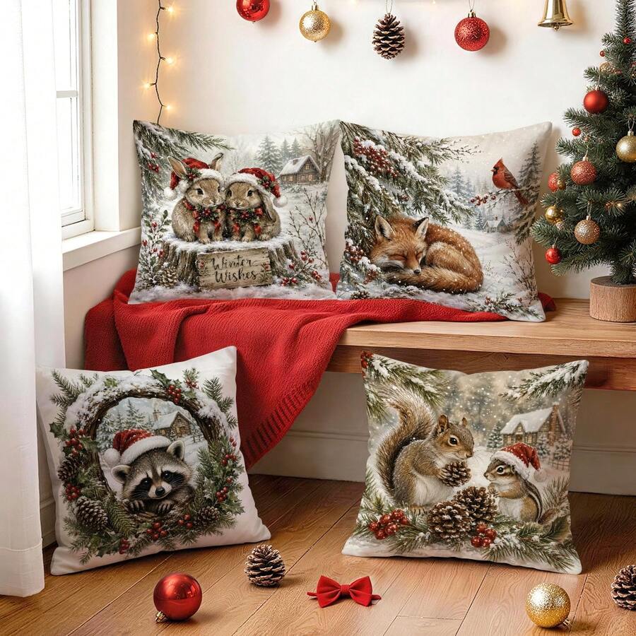 4pcs Winter Forest Animal Christmas Pillow Covers, Snow Rabbit Fox Raccoon Squirrel Print Pattern, Single-Sided Print Pillow Covers/Cushion Covers, Multi-Scene Atmosphere Decoration Pillow Covers Suitable For Living Room Sofa Bedroom, Pillow Insert Not Included - Multicolor - View 1