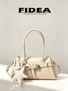 Women's Shoulder Underarm Bag, Solid Color PU Material With Leopard Print Element Design, Metal Shoulder Strap Decoration, Versatile Fashion, Comes With Personalized Star Pendant, Suitable For Travel, Shopping, Dating, Gift-Giving And Other Occasions - Beige - View 2