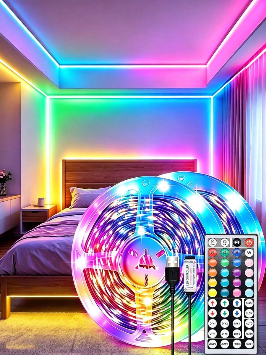 3FT-100FT Smart RGB LED Light Strip, Home Decor Party Decoration LED Light Strip, DIY Flexible RGB Light Strip, Equipped With 44-Key Remote Control, 5V USB Powered LED Light Strip, Suitable For TV Backlight Lighting, Girls Room Decor, Holiday Decoration And DIY Arrangement (3.28FT/1M Size Is Shorter, Please Choose According To Your Actual Needs When Purchasing, The Built-In Adhesive Cannot Be Pasted On Rough Walls, Please Be Careful When Pasting!)