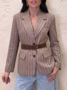 Autumn/Winter New French Style Premium Light Brown Vertical Striped Blazer With Detachable Wide Waist Belt, Slimming Mid-Length Commuter Jacket - Khaki - View 5