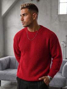 Men's Autumn/Winter Basic Solid Color Casual Fitted Lightweight Sheer Polyester Pique Textured Niche Design Long Sleeve Drop Shoulder Crew Neck Pullover Sweater - Rose Red - View 4