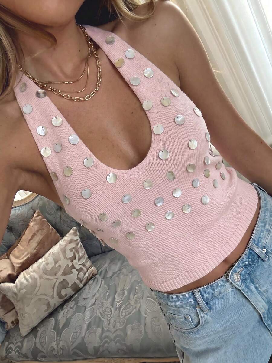 Just Masa Women's Casual Sexy Backless Knit Deep V-Neck Halter Tie Sequin Sleeveless Y2K Cropped Top Pink - Pink - View 1