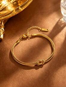 1pc Casual Style Stainless Steel Chain Bracelet With Twisted Chain Design For Women, Suitable For Daily Wear - Yellow Gold - View 7