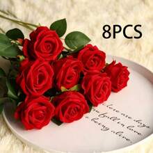 1/5/8/10/12/15/16/20/22支 20英吋人造紅玫瑰仿真花，逼真絲絨假花，新娘花束，花卉裝飾，情人節禮物，婚禮派對，家居裝飾，生日禮物，戶外裝飾，花瓶裝飾（購買須知：可能含有氣味，請先通風一段時間） - 紅色 - 查看 12