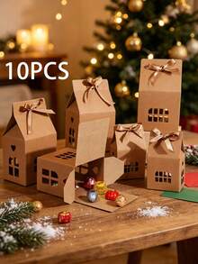 Xmas House‑Shaped Gift Boxes With Satin Ribbon, Hollow Cutout Window Kraft Paper Box, Christmas Candy Cookie Treat Holder For Holiday Gift Giving Party Decoration - View 10