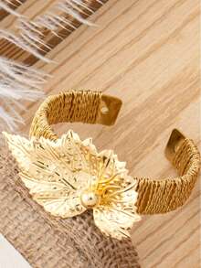 Letingsha Women's Gold Plated 4pcs Jewelry Set, Textured Necklace, Hollow Leaf Earrings, Open Cuff Bracelet, Adjustable Ring, Anti-Oxidation Design, Suitable For Brides, Formal Occasions And Holiday Outfits - Yellow Gold - View 7