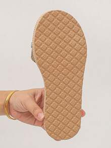 Women's Square Buckle Chain Woven Flat Sandals, Comfortable Minimalist Vacation Beach Home Daily Summer Brown Open Toe Slides - Brown - View 8