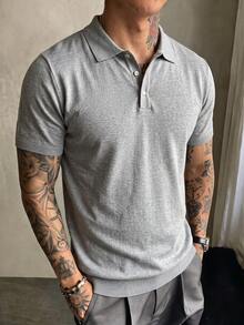 Men's Solid Color Knit Polo Short Sleeve Heather Grey Turn Collar Minimalist Basic Business Casual Knit Sweater - Grey - View 8