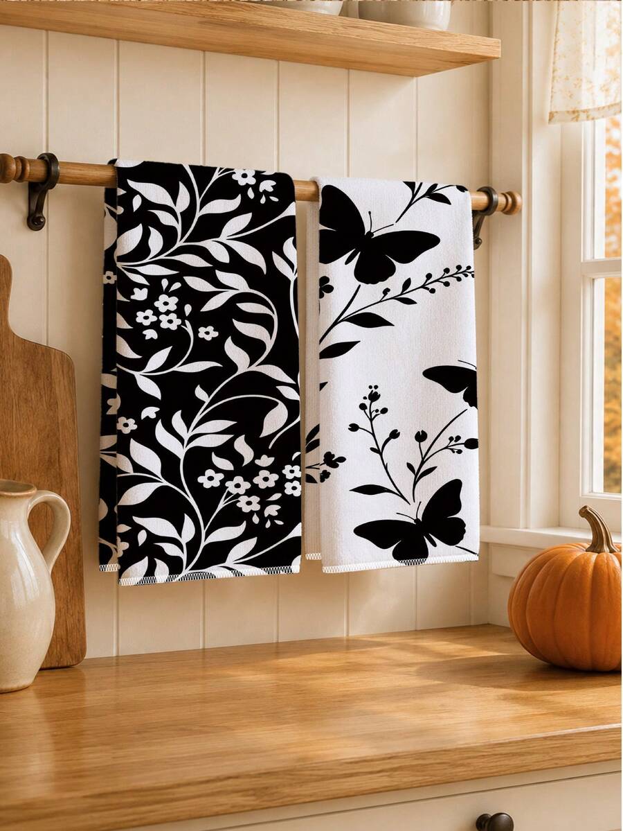 2PCS Kitchen Towels Black & White Floral Butterfly Pattern, Minimalist Style Super Fine Fiber Material Soft Kitchen Towels Dish Cloths, Hand Towels, Tablecloths, Kitchen Decor, Kitchen Cleaning, Bathroom Cleaning, Holiday Party Decor, Kitchen & Bathroom Supplies Home Essentials, Home Decor, Housewarming Gift - Black and White - View 1