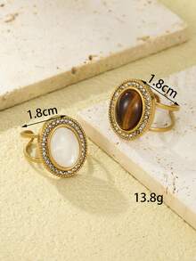 2pcs Stainless Steel Vintage Large Oval Mother Of Pearl Tiger Eye Stone Rings For Women, Rhinestone Embellished Luxury High-End 18K Gold Plated Open Adjustable Finger Rings, Niche Design Elegant Stackable Decorative Rings - Yellow Gold - View 4