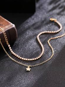 Nooxian 2pcs/Set Minimalist Vacation Style Five-Point Star Pendant Anklet Layered Rhinestone Studded Anklet Set For Women - Yellow Gold - View 4