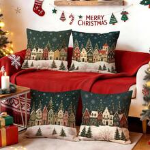 4pcs/1pc Christmas Fairy Tale Town Pattern Pillow Case Without Insert, Single-Sided Printed Pillow Case, Suitable For Living Room Bedroom Home Decor, All-Season Pillow Case - Multicolor - View 1