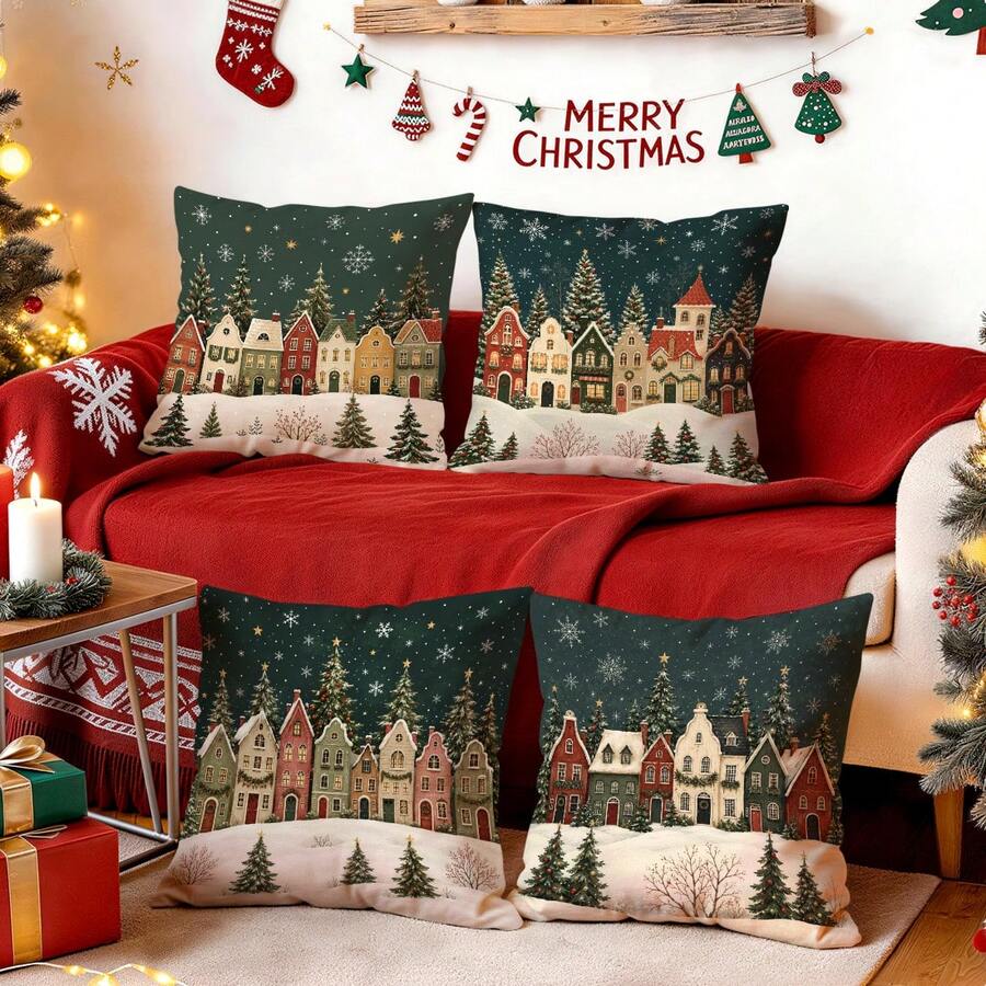 4pcs/1pc Christmas Fairy Tale Town Pattern Pillow Case Without Insert, Single-Sided Printed Pillow Case, Suitable For Living Room Bedroom Home Decor, All-Season Pillow Case - Multicolor - View 1