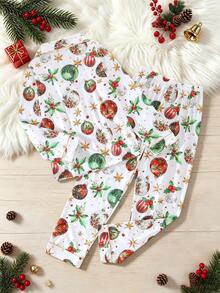 2pcs/Set Christmas Tween Girl Pajama Set, Cartoon Christmas Element Print Pattern Lapel Long Sleeve Cardigan With Elastic Waist Long Pants, Flame Retardant Knit Fabric, Suitable For All Seasons, Girls Mid-To-Large Children - White - View 2