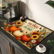 Alfombrilla Absorbente con Estampado Floral & Calabaza de Otoño / Alfombrilla de Secado / Alfombrilla de Secado para Máquina de Café & Platos - Protector de Superficie de Poliéster Absorbente con Respaldo de Goma Antideslizante, Decoración de Encimera de Cocina - Mantel Individual para Bar en Casa & Mesa de Comedor - Multicolor - Ver 4