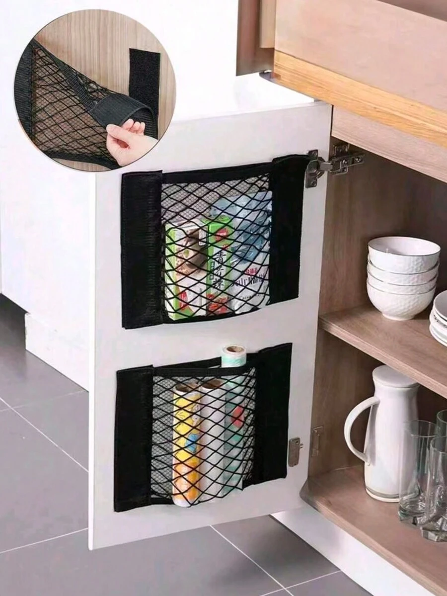 Multifunctional Breathable Elastic Trash Bag Storage Rack, Kitchen Cabinet Door Trash Organizer, Wall-Mounted Adhesive Mesh Storage Bag, Home Bathroom Storage Organizer, No-Drill Hanging Black Mesh Storage Bag, Car Trunk Use - Multicolor - View 1