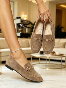 Women's Flat Ballet Loafers, Taupe Suede With Gold Horsebit Buckle, Slip-On, Cushioned Insole, Suitable For Office And Daily Wear - Camel - View 7