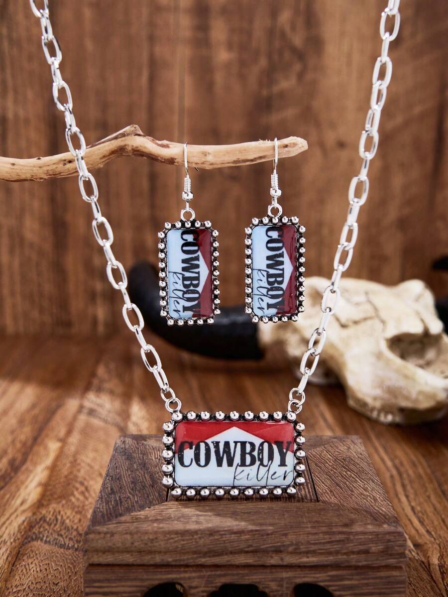 MONLOTTI 1 Set Western Vintage Resin Letter Sticker Jewelry Set, Bohemian Cowboy Letter Rectangular Sticker Earrings Necklace. Versatile Jewelry Set For Cowgirls, Exquisite Gift For Women - Multicolor - View 1