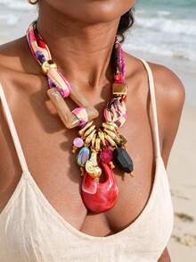 1pc Vintage Fabric & Resin CCB Color Block Pendant Necklace For Women, Suitable For Banquet & Daily Wear - X-1309 - View 3