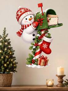 1pc Christmas Snowman & Mailbox Wall Sticker, Cute Snowman With Letters Holly & Gift Box Wall Decal, Self-Adhesive Removable Waterproof PVC Peel And Stick Wall Decor For Living Room Bedroom Entryway, Holiday Home Decoration - Christmas Snowman Mailbox Theme - View 6